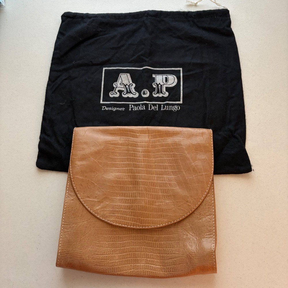 Vtg Paola Del Lungo Clutch Women Tan Lizard Embossed Leather Made in Italy